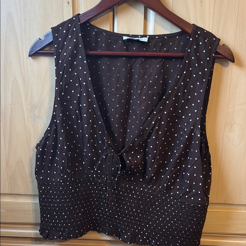 AE Smocked V-Neck Tank Top Brown with White Polka Dots